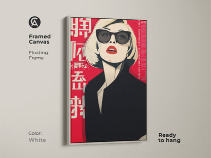 Framed canvas of a pop art woman with a white floating frame. This retro fashion portrait is a chic wall art piece. The contemporary lady art is ready to hang. Perfect for modern spaces.