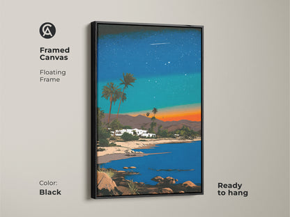 Framed canvas with black floating frame shows a retro futurism beach scene. Palm trees and a synthwave sky bring an eclectic touch. This ready-to-hang artwork is a stylish gift for travel lovers.