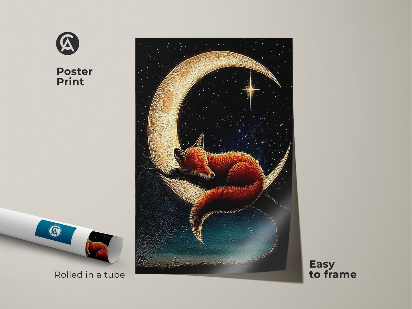 Poster print of a fox sleeping on a moon. This nursery moon art print is easy to frame. Rolled in a tube for protection. Perfect for boho animal nursery decor or as a baby shower gift.