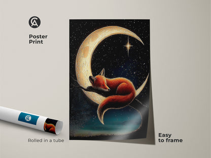Poster print of a fox sleeping on a moon. This nursery moon art print is easy to frame. Rolled in a tube for protection. Perfect for boho animal nursery decor or as a baby shower gift.