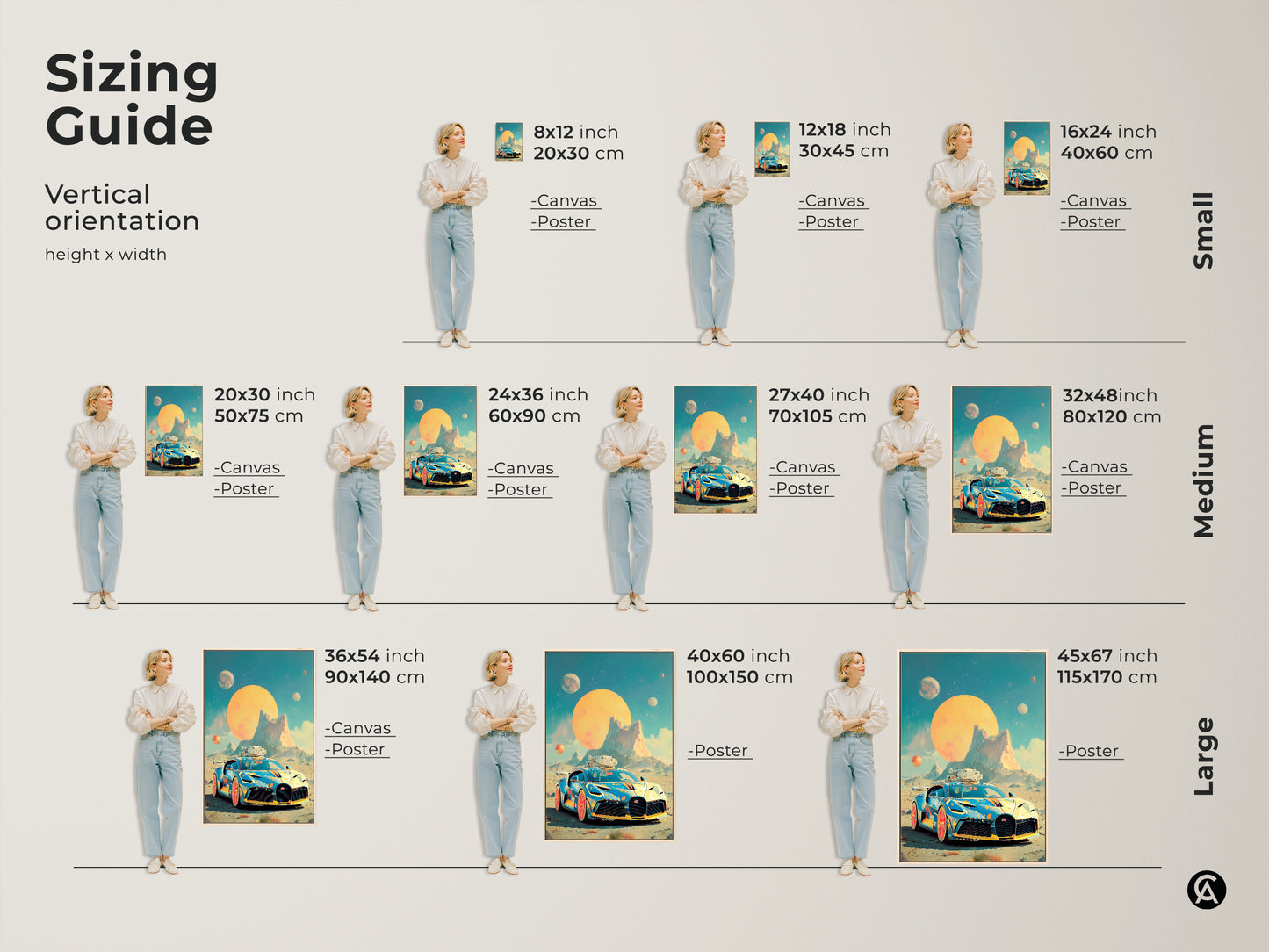 Sizing guide featuring a Cyberpunk sports car art print. See the retro futurism car canvas in sizes from small to large. Visualize the sci-fi vehicle artwork. This is the perfect art for office walls. The unique sizes make a great art gift for car enthusiasts.