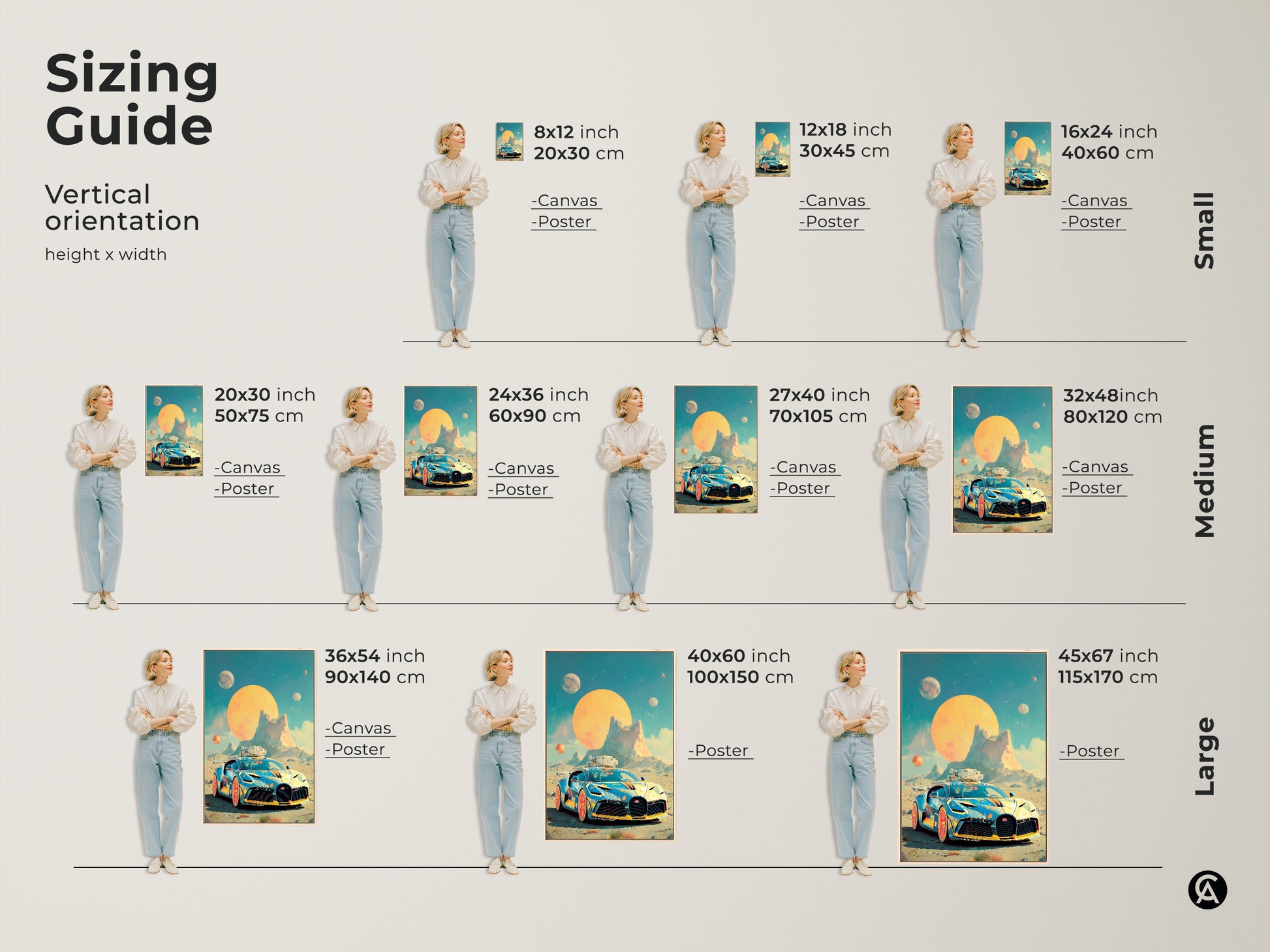 Sizing guide featuring a Cyberpunk sports car art print. See the retro futurism car canvas in sizes from small to large. Visualize the sci-fi vehicle artwork. This is the perfect art for office walls. The unique sizes make a great art gift for car enthusiasts.