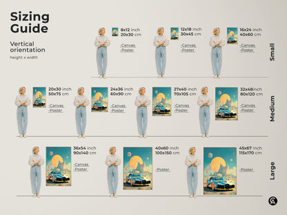 Sizing guide featuring a Cyberpunk sports car art print. See the retro futurism car canvas in sizes from small to large. Visualize the sci-fi vehicle artwork. This is the perfect art for office walls. The unique sizes make a great art gift for car enthusiasts.