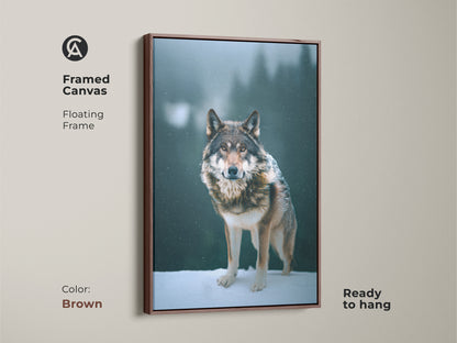 Framed wolf canvas artwork with a warm brown floating frame. This rustic piece showcases a photorealistic wolf in a winter forest. The brown gray teal art enhances wildlife decor. Ready to hang this print makes a stunning housewarming gift for nature enthusiasts.