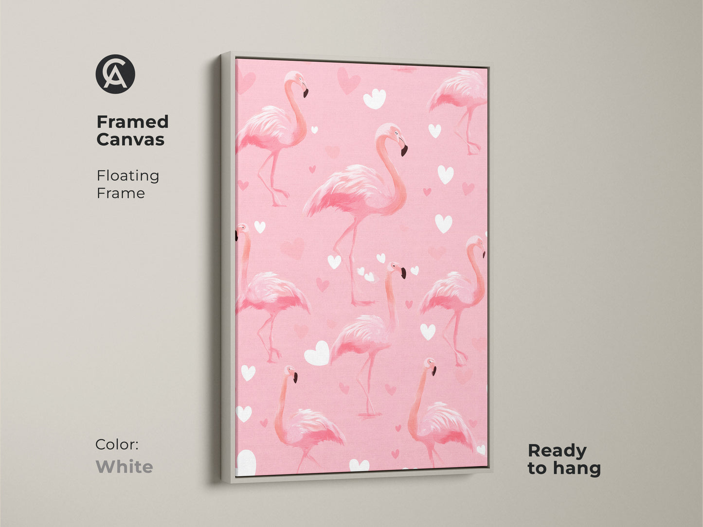White framed canvas featuring a pink flamingo artwork print. The cute heart pattern and tropical birds are eye catching. Ready to hang and perfect for a pink paradise wall. It makes a lovely nursery decor gift.