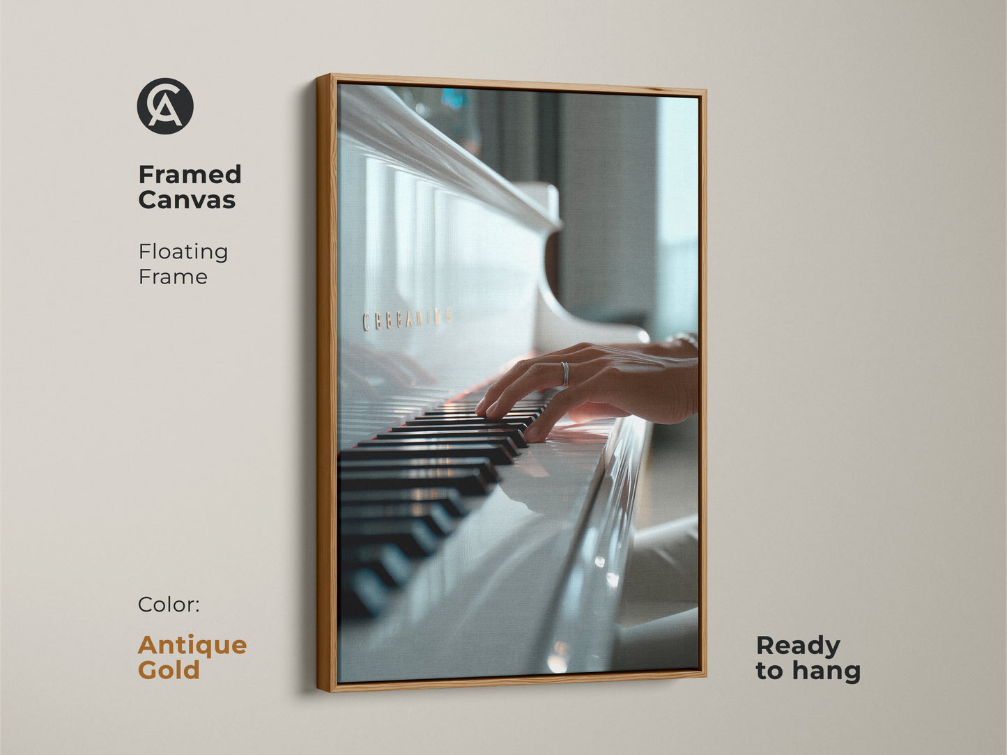 Framed canvas featuring a poised hand on piano keys. The floating frame is antique gold and ready to hang. Elevate your home with this elegant music artwork. This art piece is perfect for music lovers.