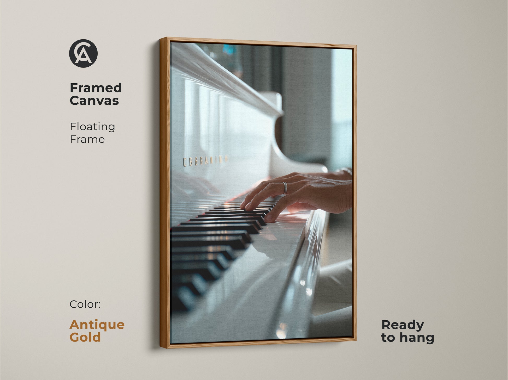 Framed canvas featuring a poised hand on piano keys. The floating frame is antique gold and ready to hang. Elevate your home with this elegant music artwork. This art piece is perfect for music lovers.