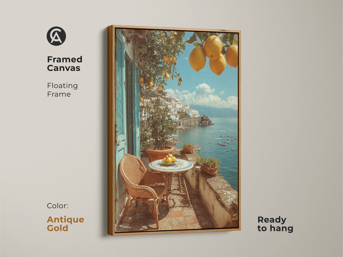 Framed canvas print of a Mediterranean lemon artwork. The floating frame is antique gold and the art is ready to hang. The coastal villa art captures a balcony with lemons and a coastal town view. Wonderful housewarming gift for travel lovers. The yellow orange blue artwork brings the beauty of the Mediterranean to your space.