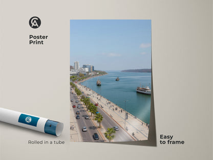 Coastal cityscape poster print. This travel photography is easy to frame. The blue teal print features a ferry and palm trees. Rolled in a tube for protection. Enjoy contemporary seaside art.