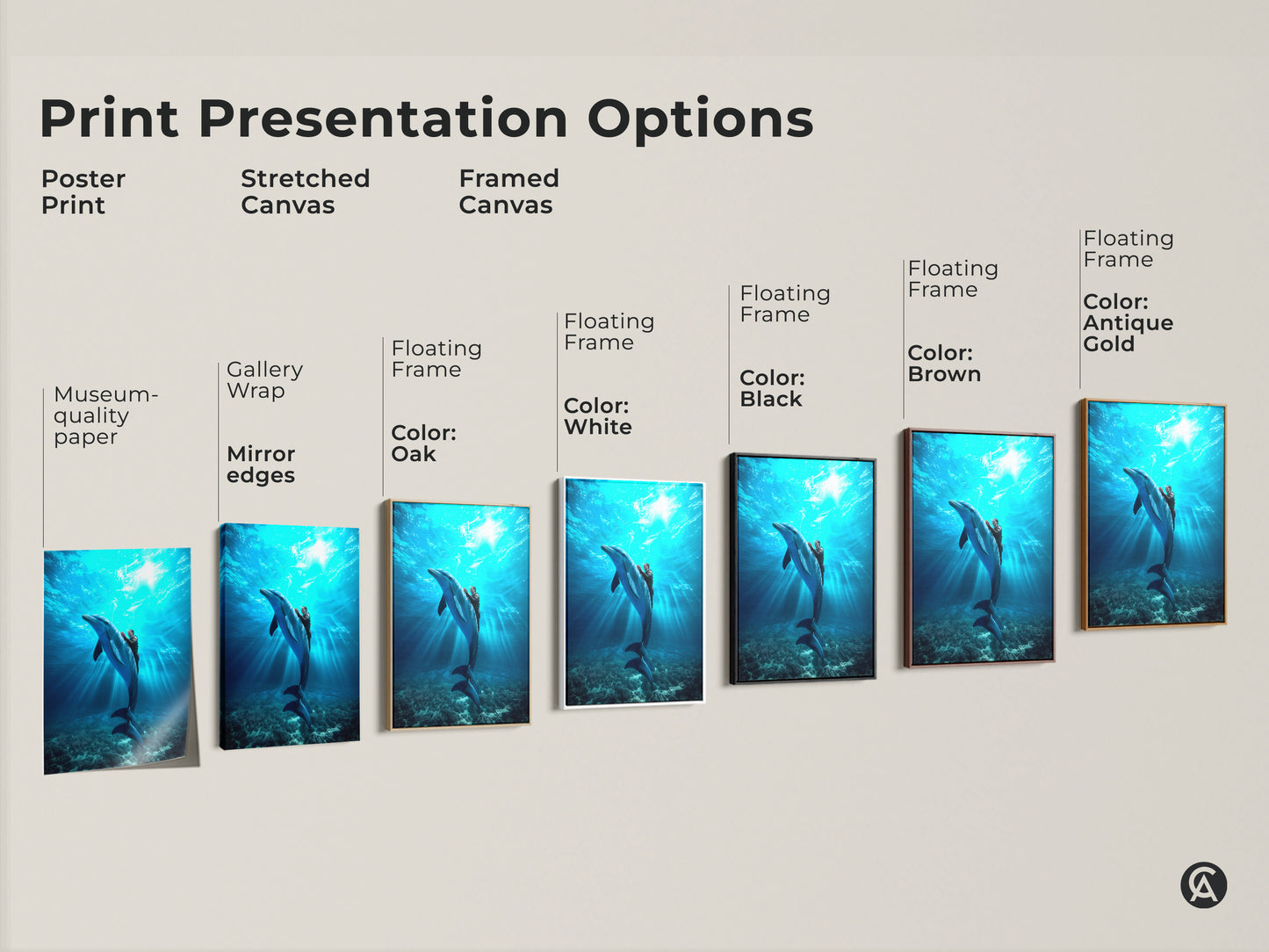 Explore print presentation options for dolphin art. See poster prints and stretched canvas choices. Discover framed canvas options with various colors. Find the perfect deep blue underwater scene for your home. Enjoy photorealistic ocean artwork.