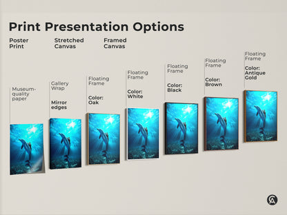 Explore print presentation options for dolphin art. See poster prints and stretched canvas choices. Discover framed canvas options with various colors. Find the perfect deep blue underwater scene for your home. Enjoy photorealistic ocean artwork.