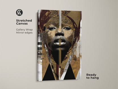 Stretched canvas of an abstract woman. The gallery wrap features mirror edges and is ready to hang. The black gold tribal art print offers modern eclectic wall art.