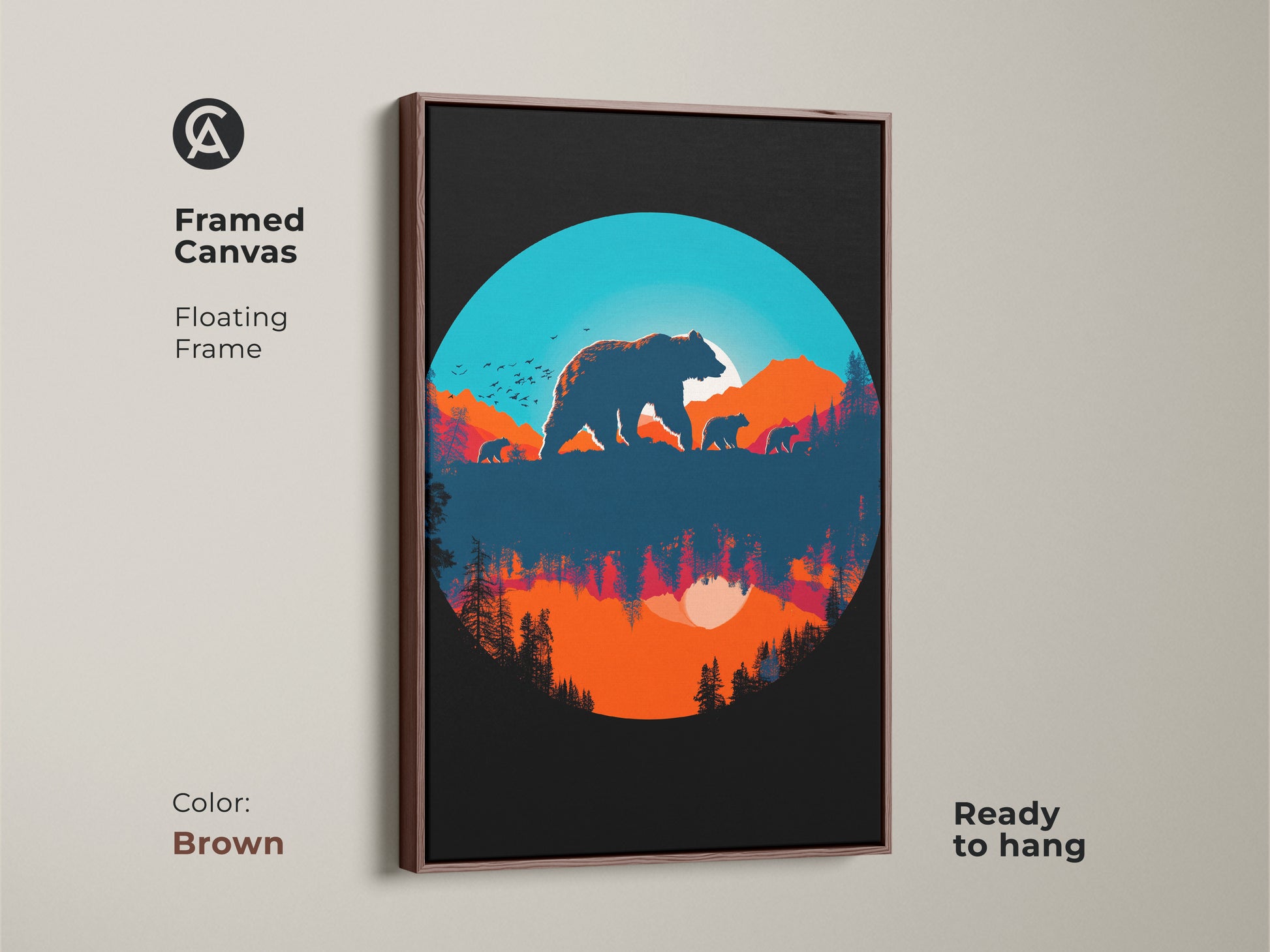 Brown framed canvas with a bear family silhouette art print. Perfect as bedroom wall decor this retro nature landscape canvas art is ready to hang. Its sunset mountain reflection art adds warmth to any cabin decor