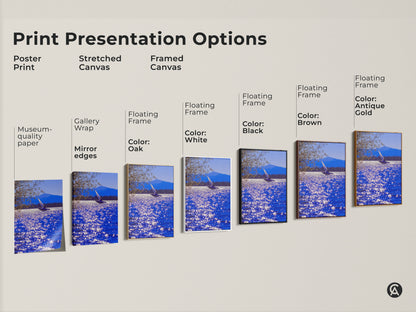 Explore print presentation options for realistic sailboat artwork. Choose from poster prints stretched canvases and framed canvases. Each option displays a deep blue water landscape with a mountain view. Find the perfect style for your coastal decor.