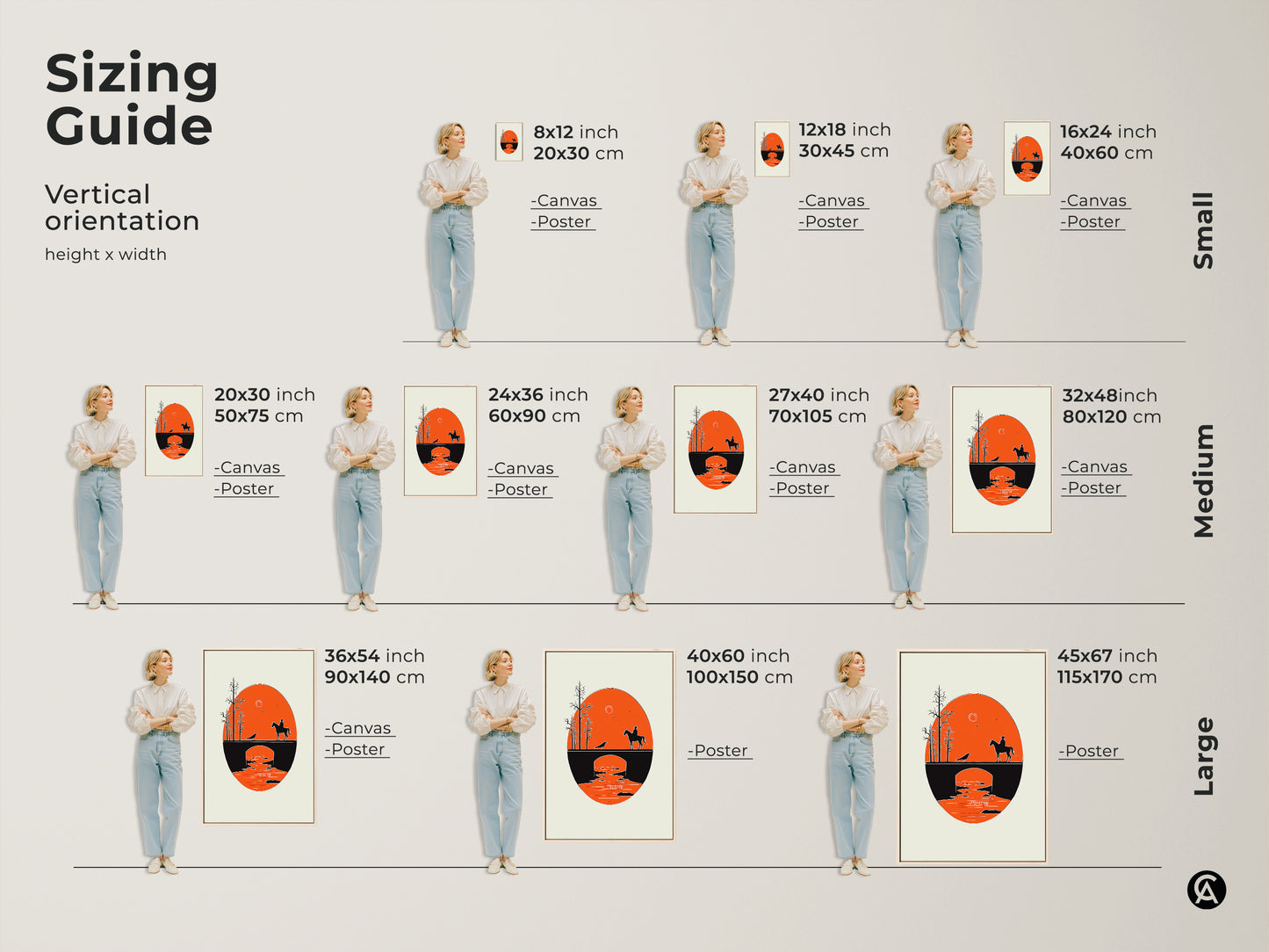 Sizing guide for vertical orientation of this Mid-Century Modern cowboy art print. Visualize different sizes on canvas and poster options. This retro orange and black landscape artwork fits perfectly in small medium or large spaces. A great housewarming gift idea for any room. See how this minimalist western art complements various wall sizes.