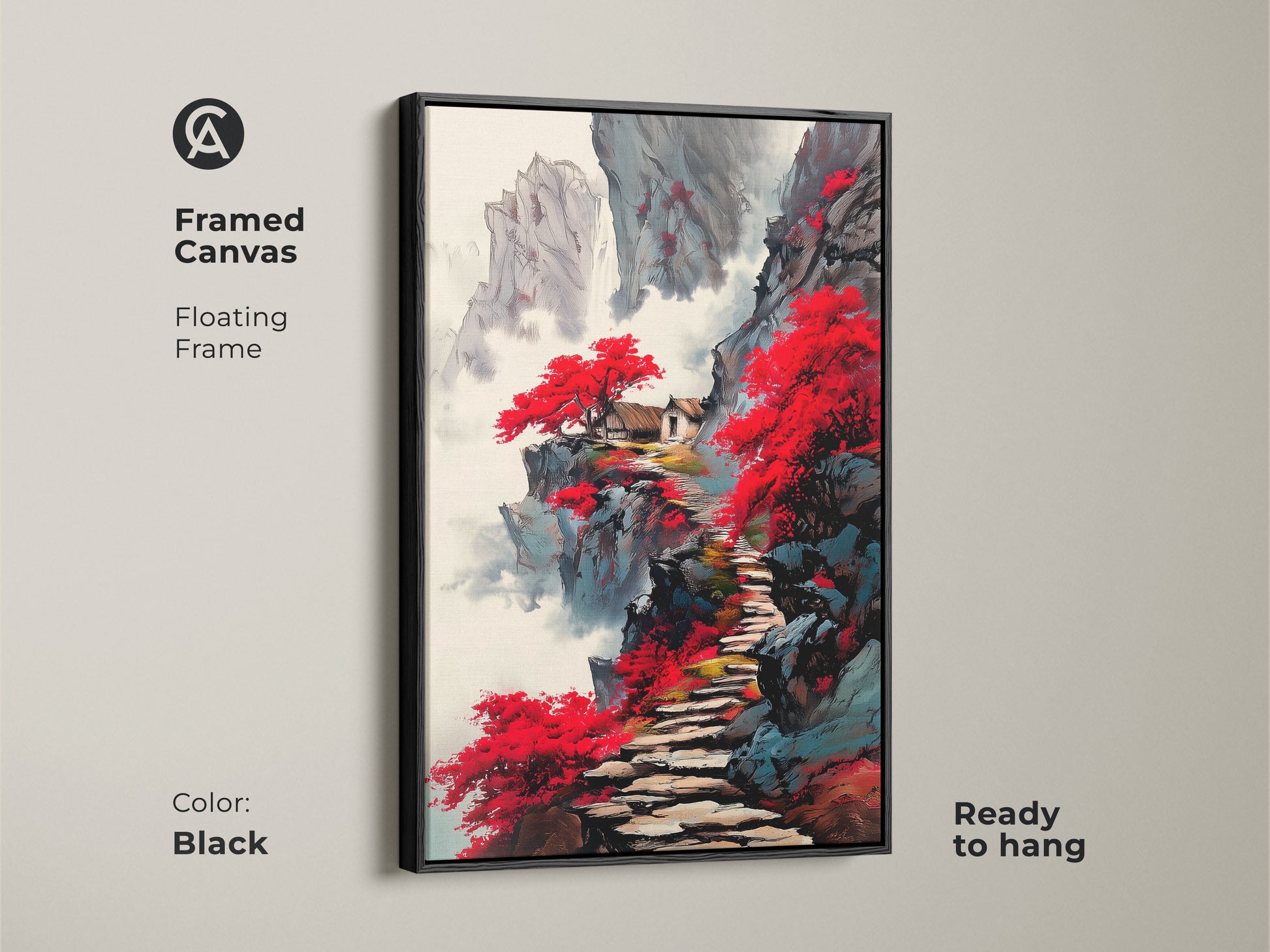 Framed canvas of a red mountain pagoda art print with a black floating frame. The Japanese ink wash landscape shows traditional Asian wall decor. The Japandi style art is ready to hang in any room.