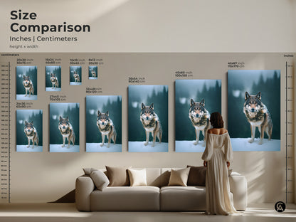 Size comparison of wolf canvas prints in inches and centimeters. See how different sizes fit above a sofa. Artwork ranges from 20x30 cm to 45x67 inch. Choose the perfect scale for your living room or office. This rustic wildlife decor makes a statement.