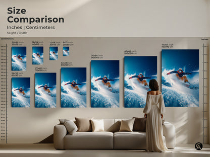 Compare sizes of snowboarder art prints. Available in inches and centimeters. See how the artwork looks in different dimensions next to a couch and a model. Find the ideal size for your space.