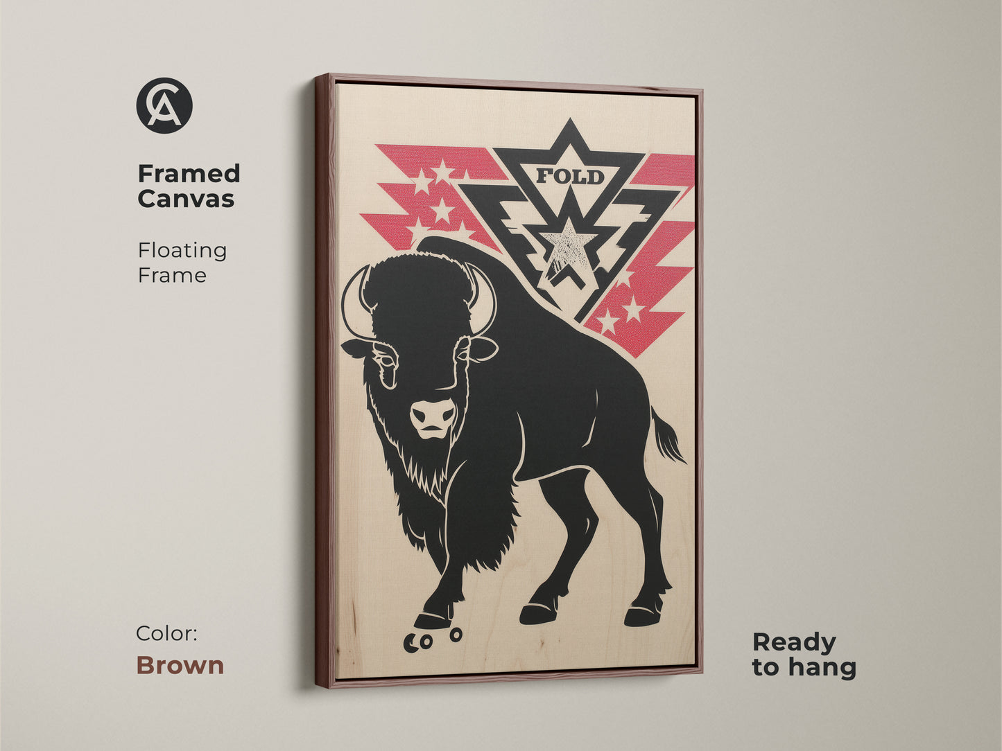Framed canvas in a brown floating frame features a black bison against red stars. This rustic wall art is ready to hang. An excellent nature lover gift. Bring western charm to your office or den wall.