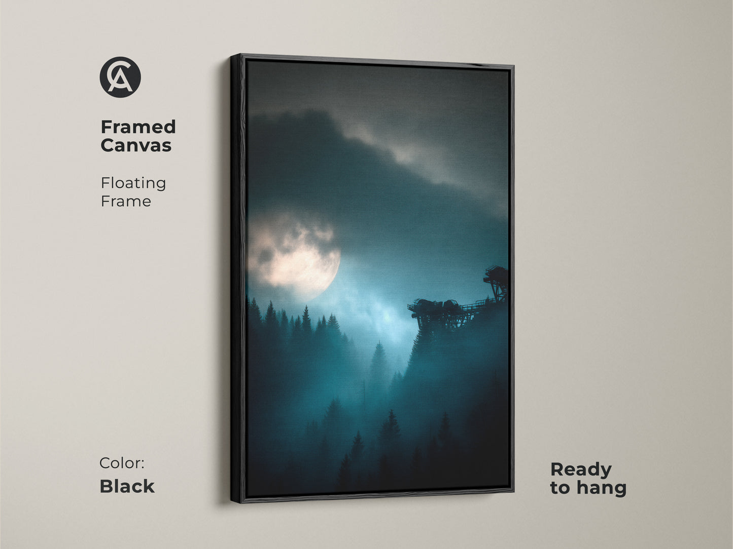 Black framed canvas of a deep blue moonlit forest. Showcasing misty night landscape wall art. This atmospheric forest scene adds modern charm to a bedroom. A calming blue teal nature artwork ready to hang. An excellent housewarming gift for a nature lover.
