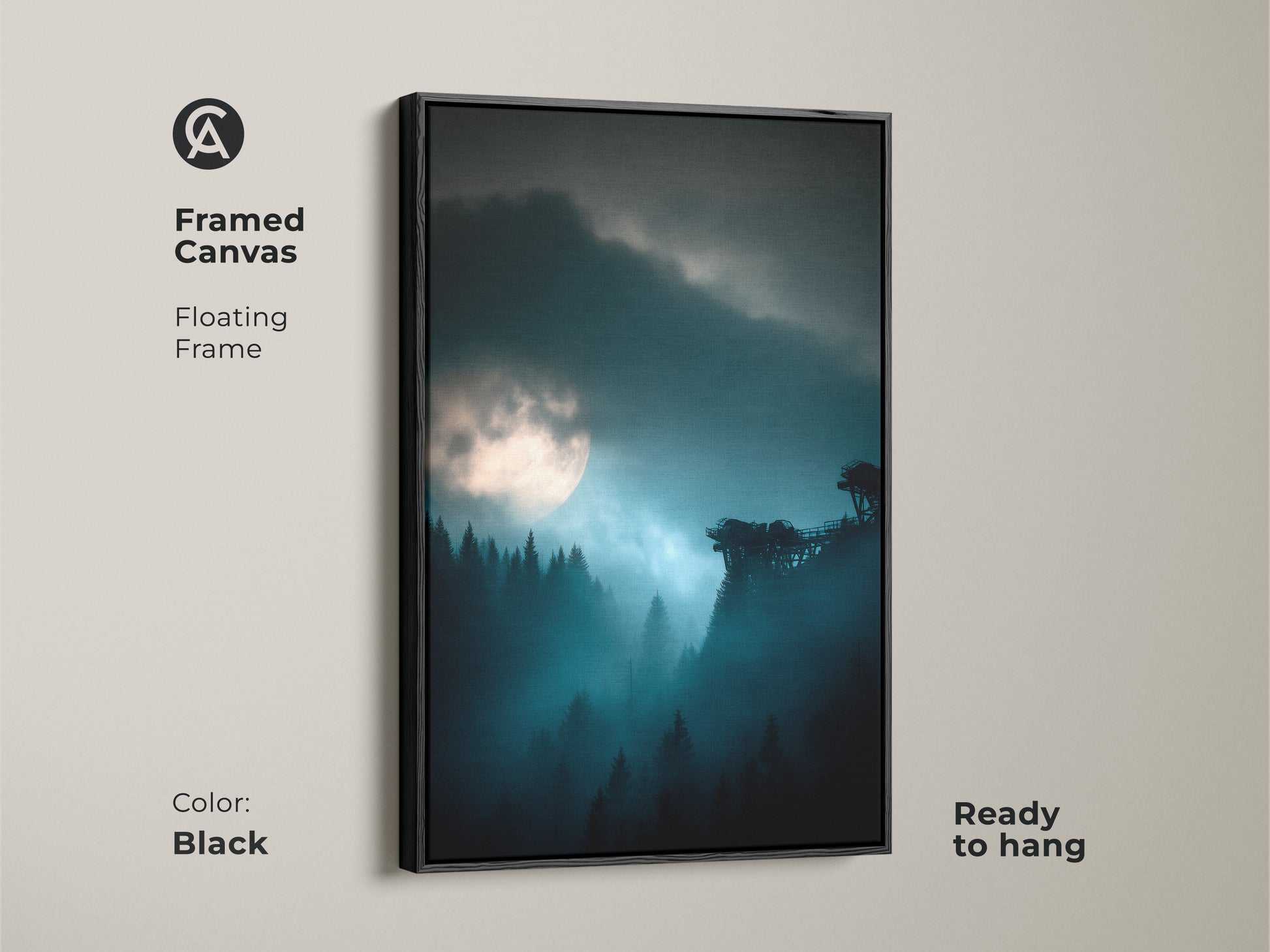 Black framed canvas of a deep blue moonlit forest. Showcasing misty night landscape wall art. This atmospheric forest scene adds modern charm to a bedroom. A calming blue teal nature artwork ready to hang. An excellent housewarming gift for a nature lover.