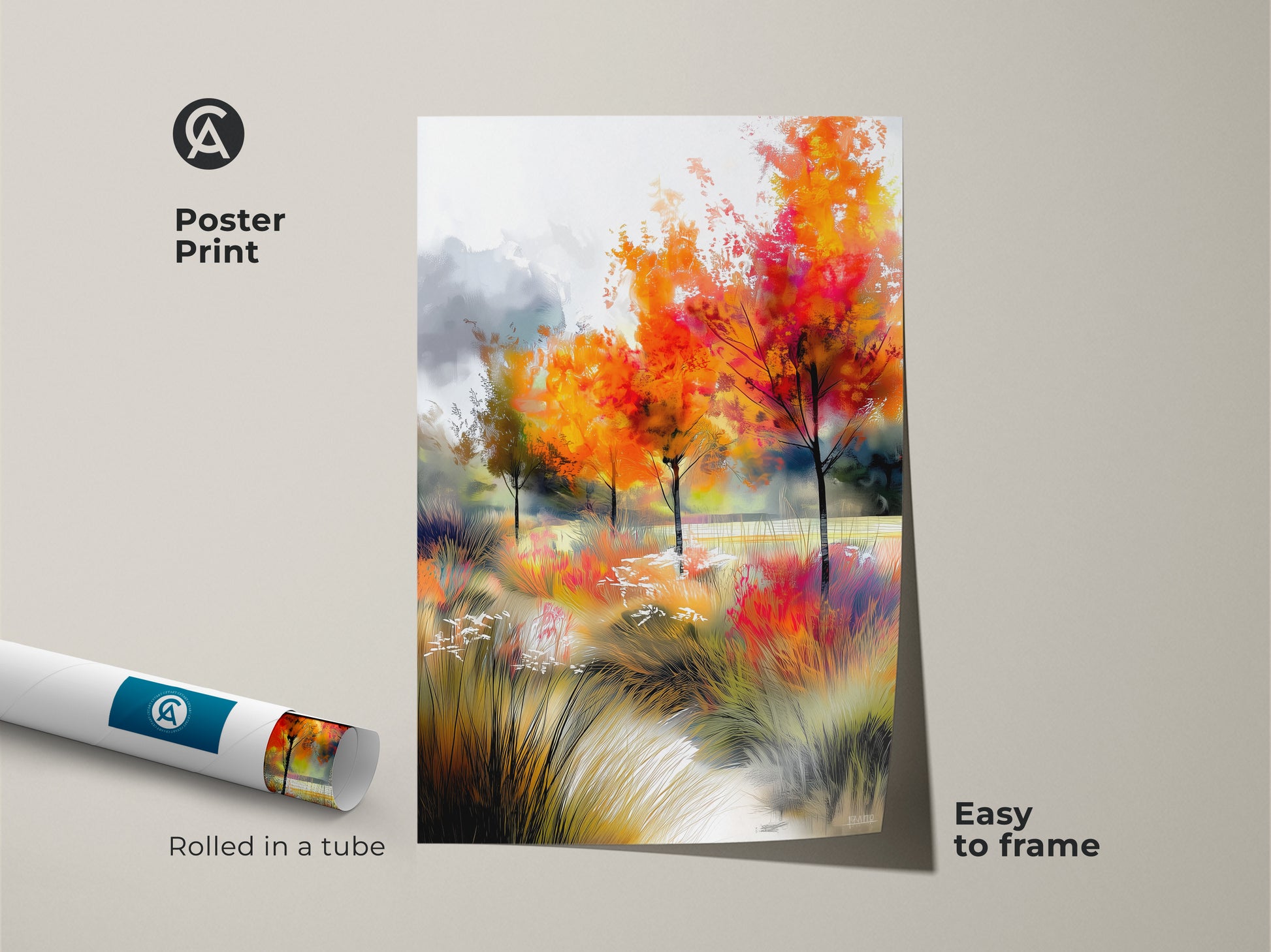 Elevate your wall decor with this beautiful poster print. It features an autumn trees landscape. This museum-quality paper print is easy to frame and adds a touch of nature to any room. Rolled in a tube for protection this poster print is a must-have for art lovers.