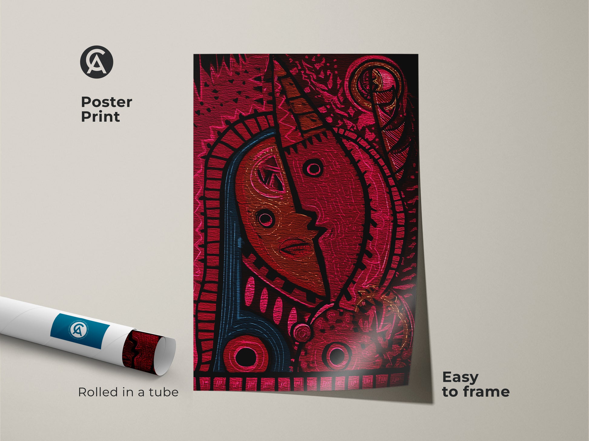Abstract mask canvas art print rolled in a tube. The red and blue tribal face artwork is easy to frame. Great for modern folk art enthusiasts. This eclectic home decor piece is a unique wall hanging.