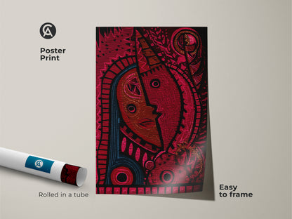 Abstract mask canvas art print rolled in a tube. The red and blue tribal face artwork is easy to frame. Great for modern folk art enthusiasts. This eclectic home decor piece is a unique wall hanging.