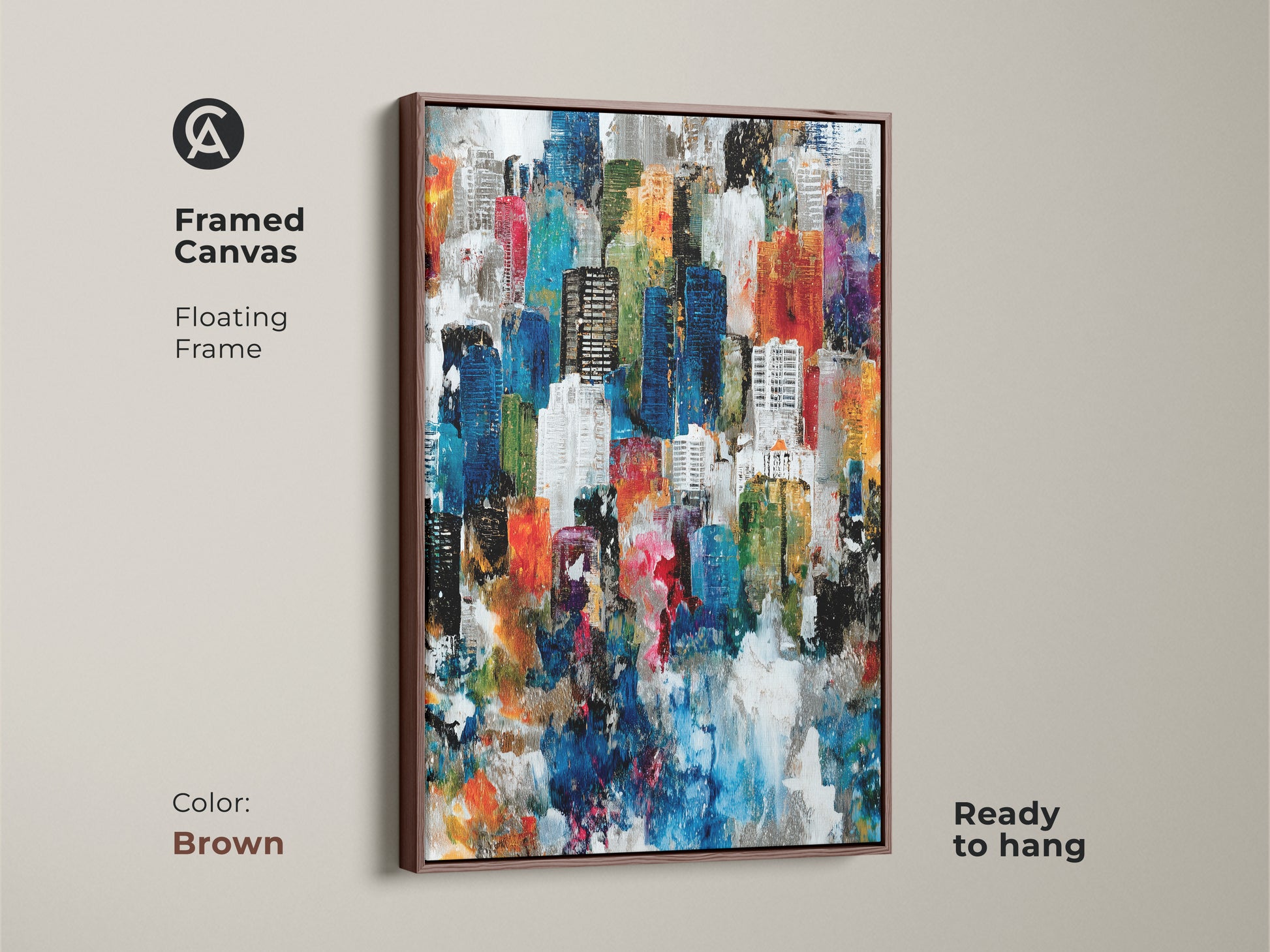 Framed canvas art showcasing an abstract cityscape with a brown floating frame. The vibrant colors and artistic style enhance any room's decor. It is ready to hang. It brings a sophisticated contemporary feel.