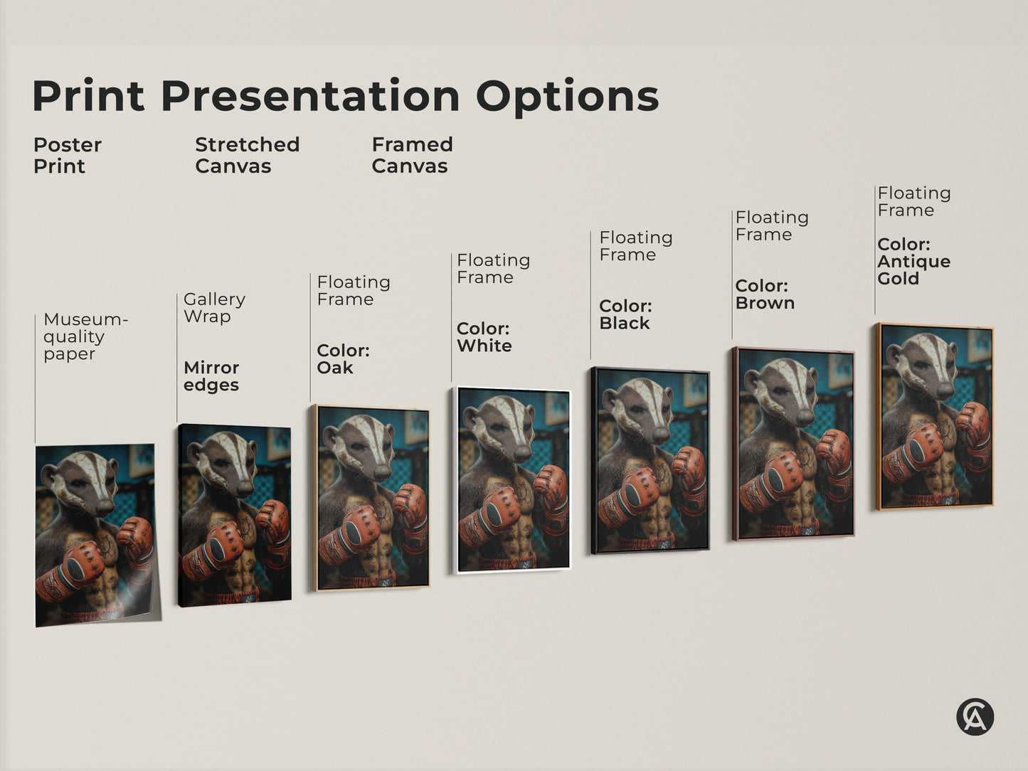 Explore print presentation options for the Tattooed Badger Boxer art. Choose from poster prints stretched canvas and framed canvas styles. Each option brings a unique touch. Find the perfect match for your eclectic home or office wall decor.