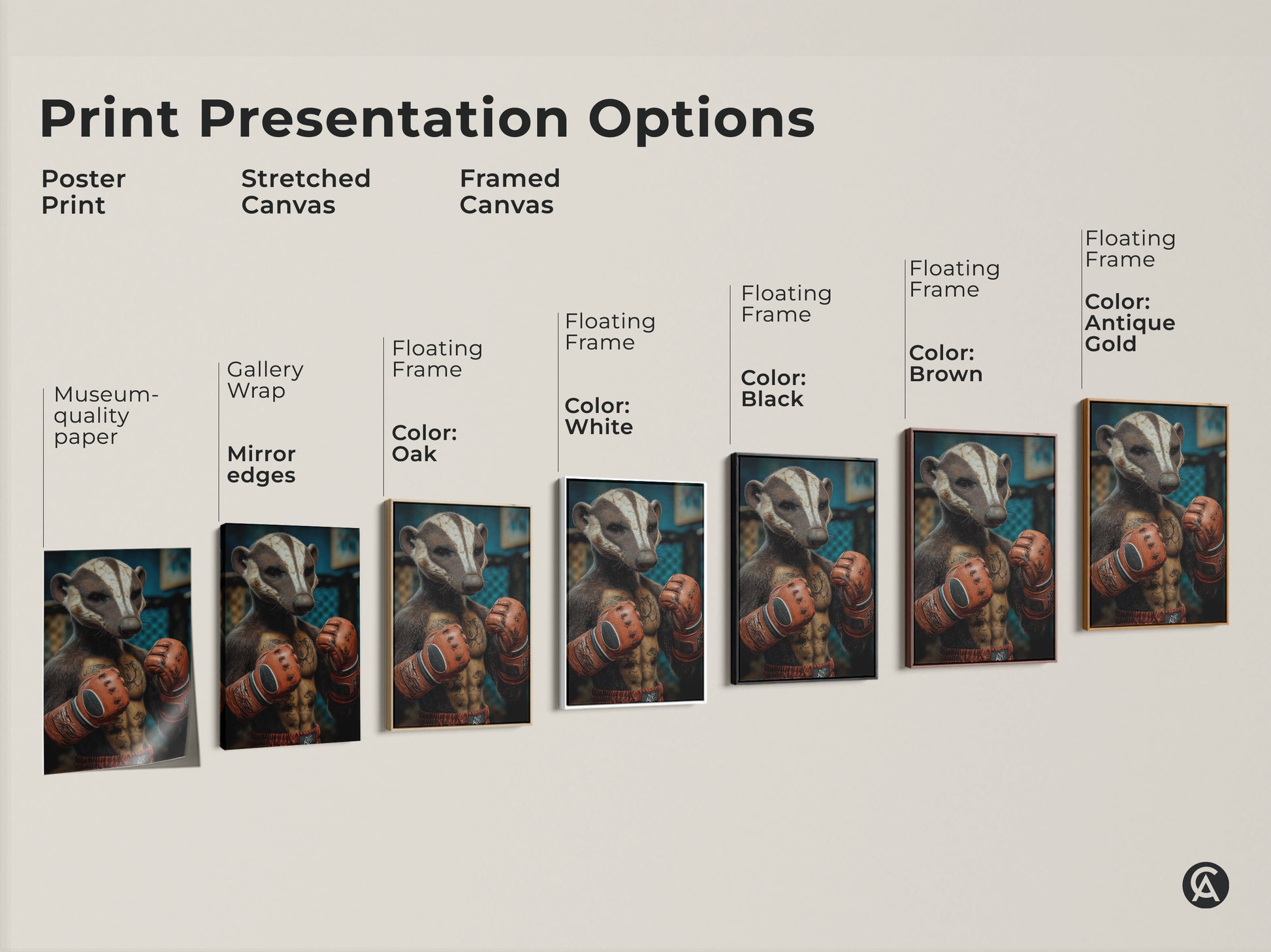 Explore print presentation options for the Tattooed Badger Boxer art. Choose from poster prints stretched canvas and framed canvas styles. Each option brings a unique touch. Find the perfect match for your eclectic home or office wall decor.