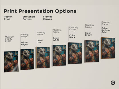 Explore print presentation options for the Tattooed Badger Boxer art. Choose from poster prints stretched canvas and framed canvas styles. Each option brings a unique touch. Find the perfect match for your eclectic home or office wall decor.
