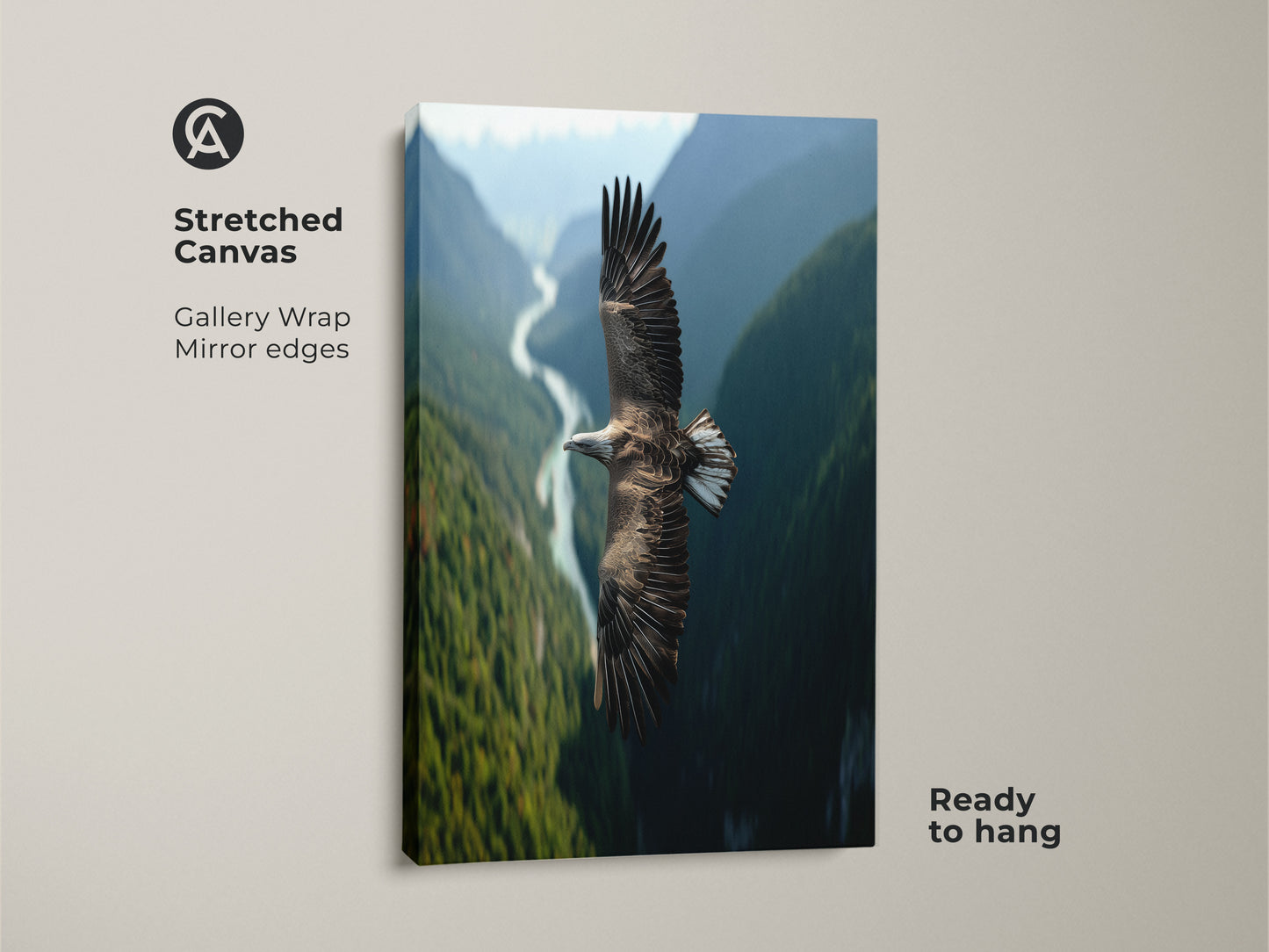 This stunning wildlife photography print features an eagle in flight over a valley. Printed on a stretched canvas with gallery wrap mirror edges. This rustic nature landscape wall art is ready to hang. It makes a great gift for bird watchers and nature enthusiasts. Perfect for home or office adding a touch of rustic nature.
