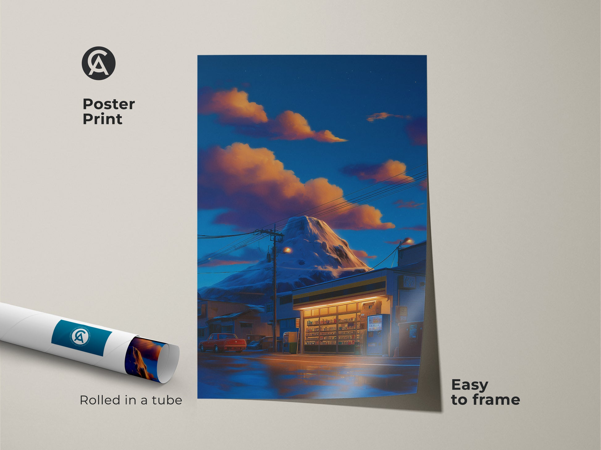 Poster print featuring a retro anime mountain convenience store. The artwork has a deep blue and orange color palette. This Japanese-inspired landscape is easy to frame. Perfect for adding an anime aesthetic to your room. Rolled in a tube for safe shipping this is ideal for eclectic homes.