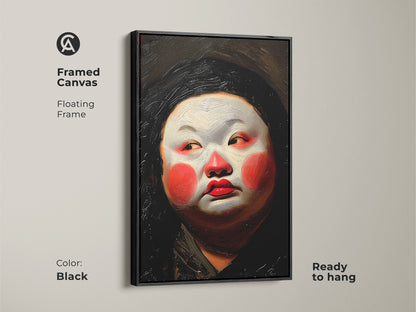 Framed canvas of a Geisha with Kabuki makeup. Floating frame in black adds a modern touch. Ready to hang for instant impact. The red white orange artwork brings cultural flair. Enhance your home with this unique piece of Asian portrait art.