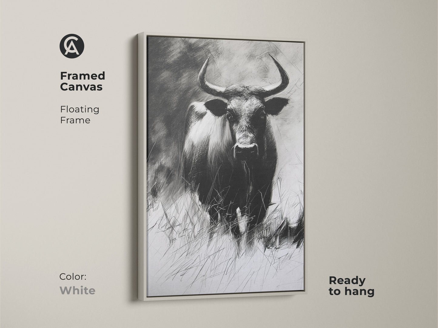 Framed canvas with a floating frame showcasing a buffalo charcoal sketch in white. This ready to hang wildlife artwork enhances rustic decor. It's a monochrome animal print for farmhouse style.