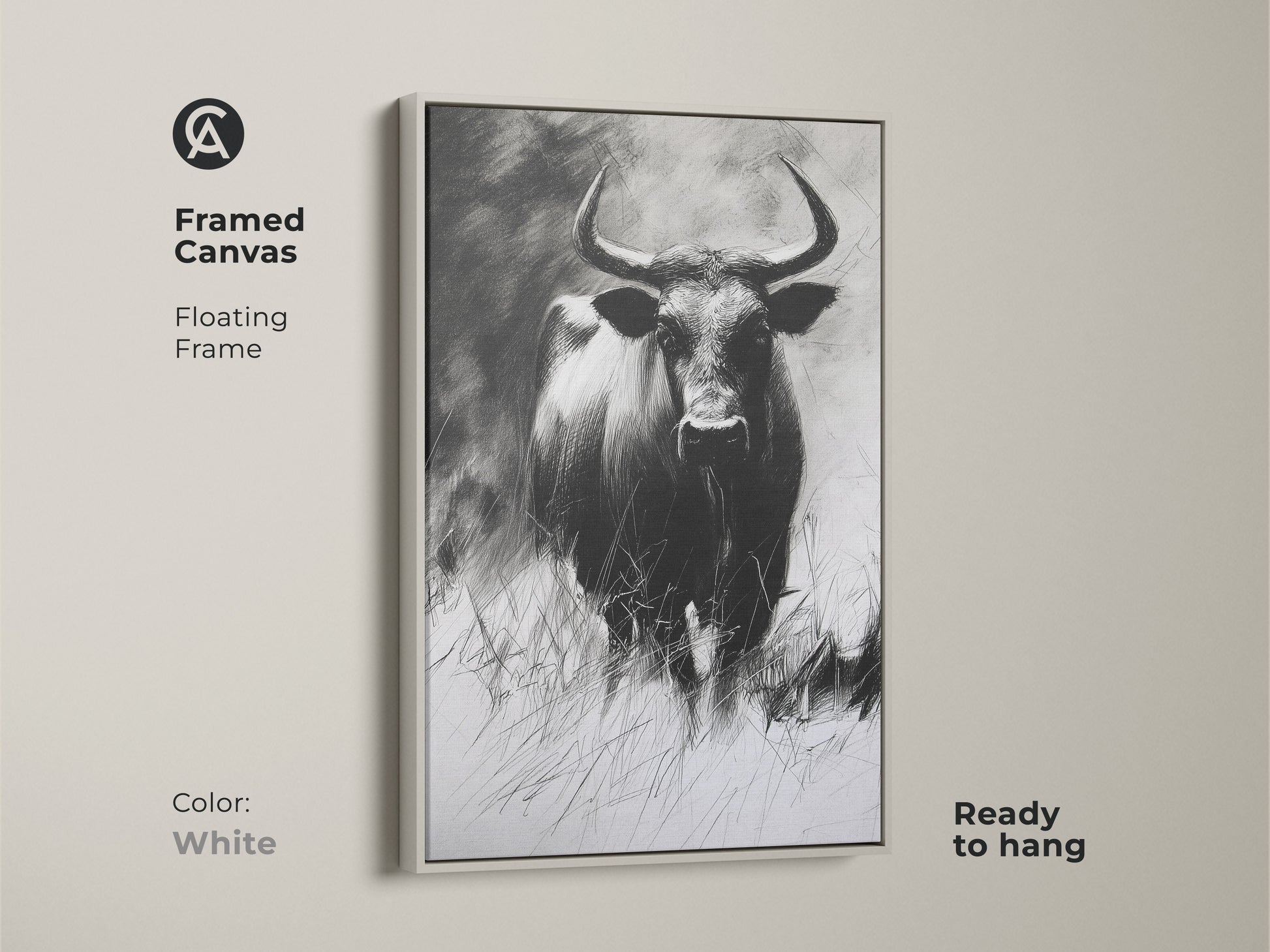 Framed canvas with a floating frame showcasing a buffalo charcoal sketch in white. This ready to hang wildlife artwork enhances rustic decor. It's a monochrome animal print for farmhouse style.