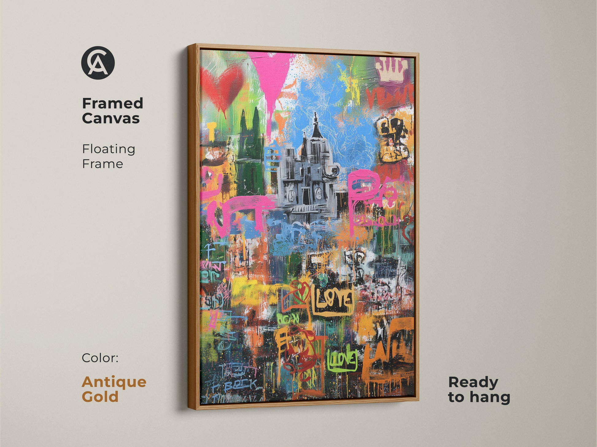Framed canvas of a graffiti cityscape in an antique gold floating frame. This urban street art print is ready to hang. The abstract pink yellow blue art is eclectic wall decor for a living room. Modern graffiti artwork for any space.