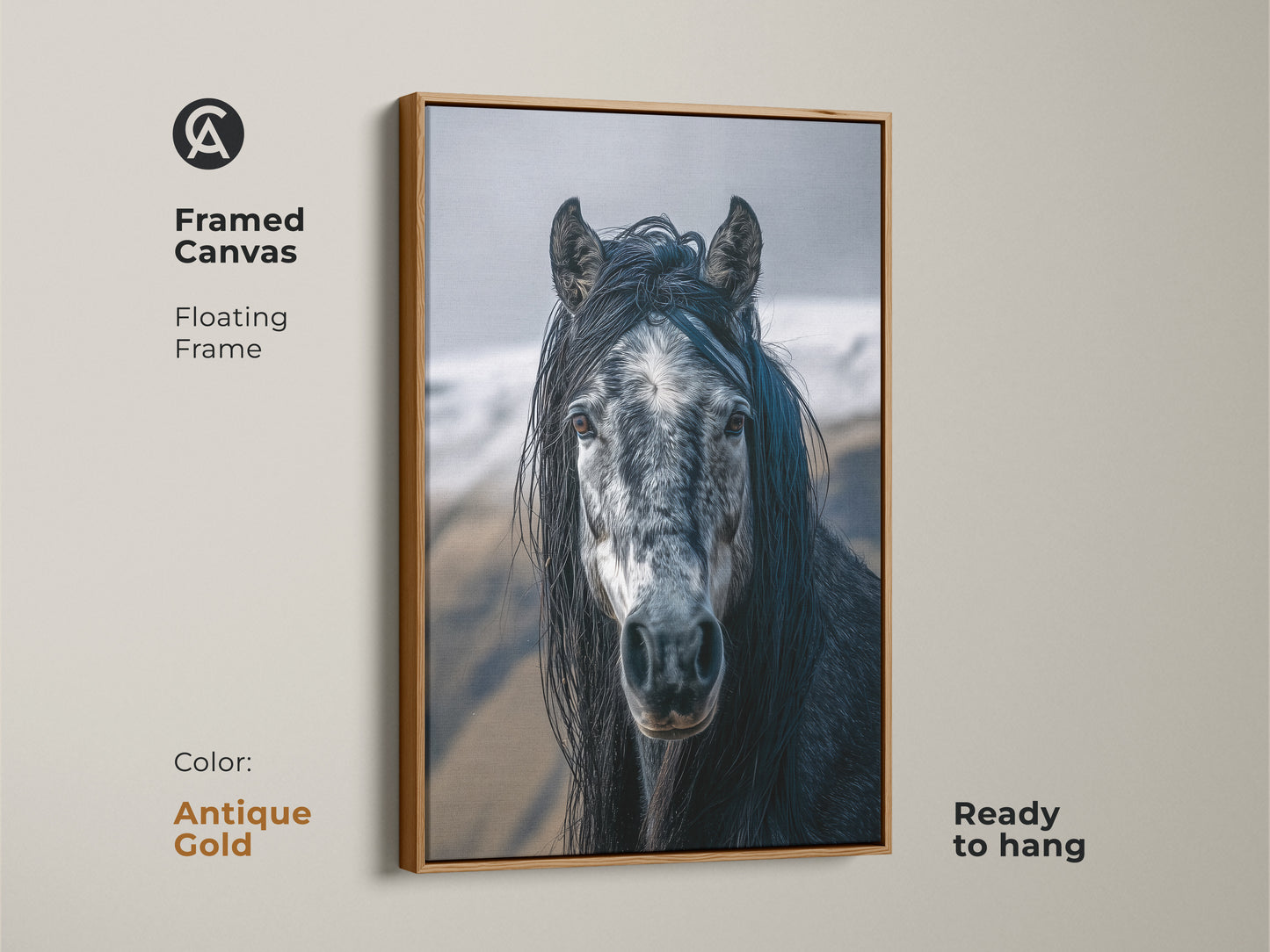 Antique gold framed canvas featuring a photorealistic horse. The rustic animal portrait showcases a dark grey and white horse. It's ready to hang and perfect for equestrian home decor. A thoughtful gift for horse lovers.  This equine artwork enhances any space.