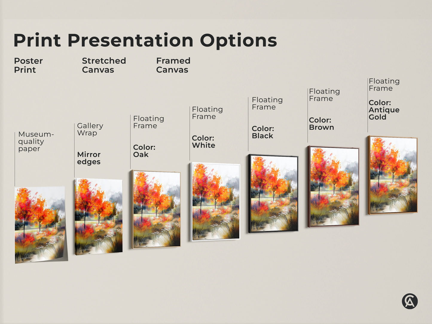Explore print presentation options for autumn landscape artwork. Choose from poster prints stretched canvas or framed canvas. Museum-quality paper gallery wrap and floating frames available. Find your perfect style.