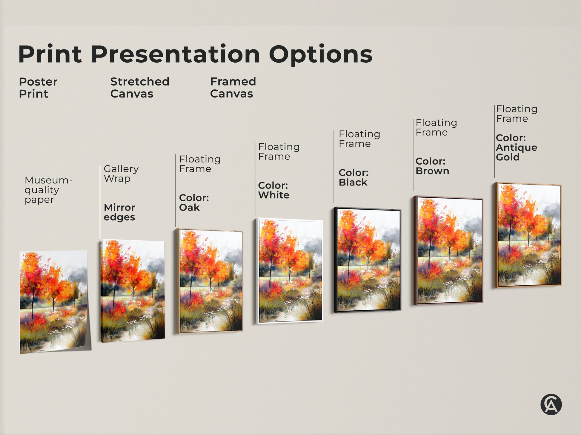 Explore print presentation options for autumn landscape artwork. Choose from poster prints stretched canvas or framed canvas. Museum-quality paper gallery wrap and floating frames available. Find your perfect style.