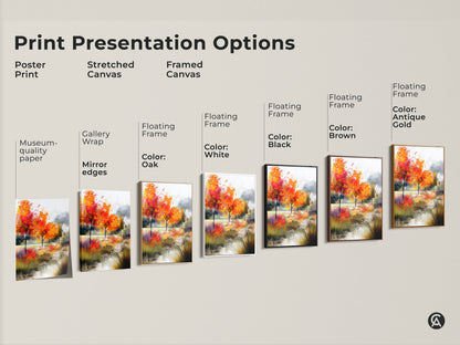 Explore print presentation options for autumn landscape artwork. Choose from poster prints stretched canvas or framed canvas. Museum-quality paper gallery wrap and floating frames available. Find your perfect style.