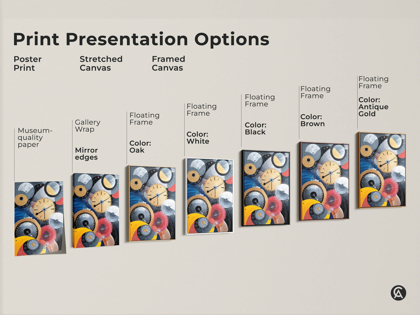 Print presentation options showing the abstract mechanical artwork in poster stretched and framed canvas. Frames come in oak black brown antique gold or white. Find the perfect match for your decor.