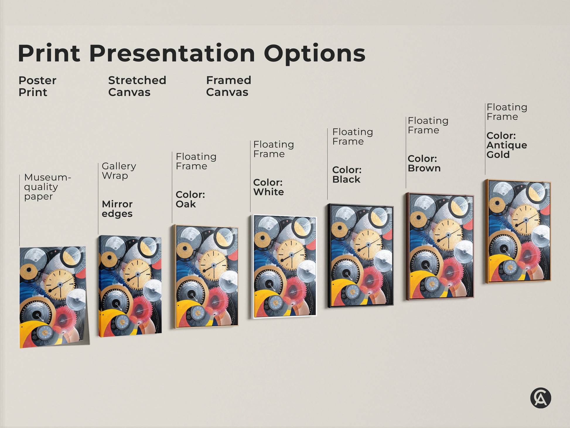 Print presentation options showing the abstract mechanical artwork in poster stretched and framed canvas. Frames come in oak black brown antique gold or white. Find the perfect match for your decor.