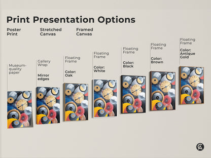 Print presentation options showing the abstract mechanical artwork in poster stretched and framed canvas. Frames come in oak black brown antique gold or white. Find the perfect match for your decor.