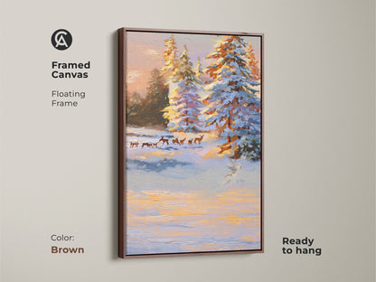 This framed canvas showcases a rustic winter landscape art. The artwork shows a deer herd near snowy pine trees. The brown floating frame complements the nature scene. It is a cozy and ready to hang cabin decor print.