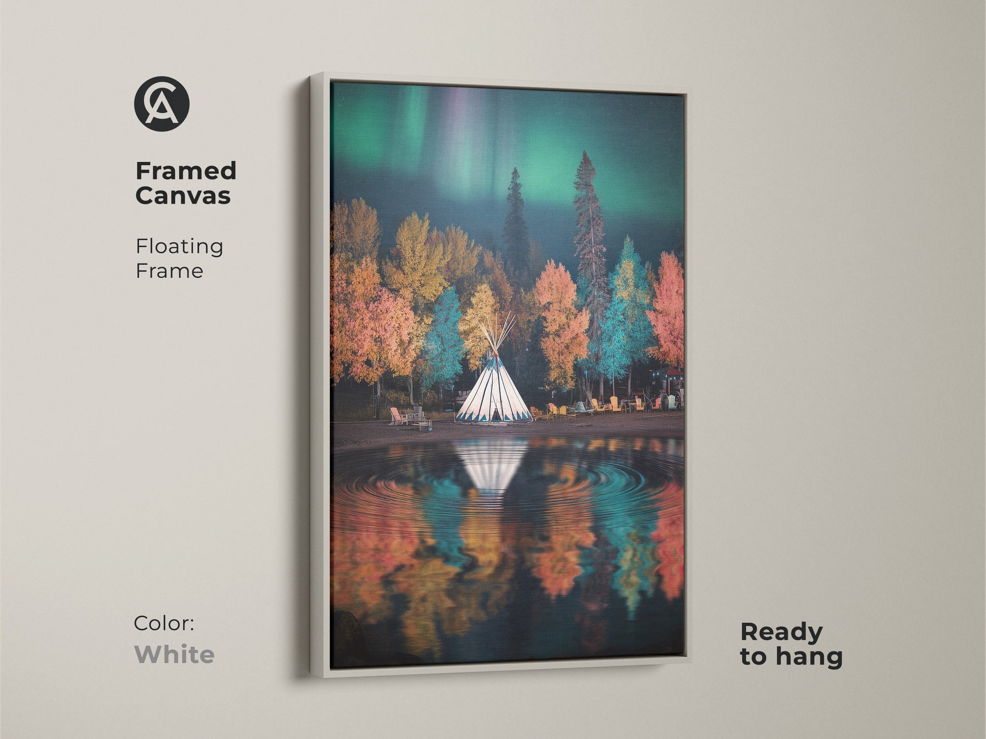 Framed canvas art of a tipi camp under the aurora borealis with a white floating frame. Ready to hang this autumn forest scene features emerald green and teal hues. Boho nature landscape artwork adds a clean touch to any space.