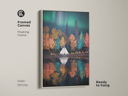 Framed canvas art of a tipi camp under the aurora borealis with a white floating frame. Ready to hang this autumn forest scene features emerald green and teal hues. Boho nature landscape artwork adds a clean touch to any space.