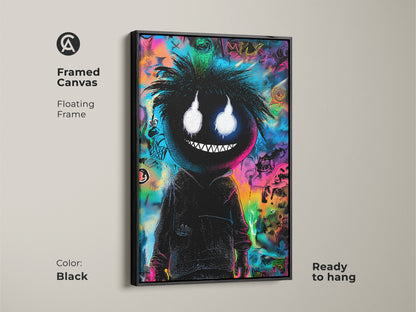 Framed canvas featuring a black figure with glowing eyes and graffiti art. It has a floating black frame. This ready-to-hang piece adds a modern touch to any wall. The art is displayed in a frame.