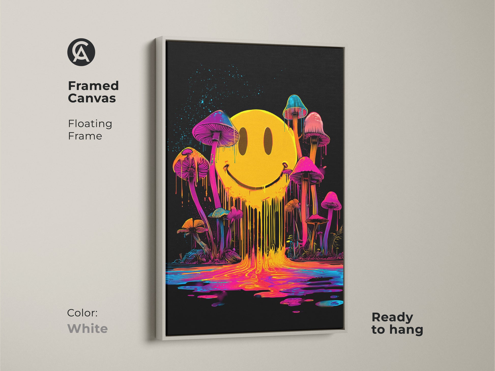 White framed canvas art featuring psychedelic art. The artwork displays a melting smiley face with neon dripping colors. Mushrooms grow around the smiley face. The background is black. This floating frame canvas is ready to hang.